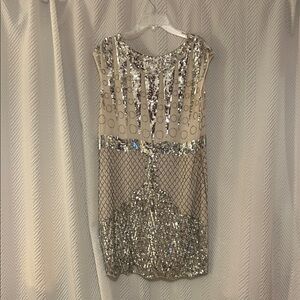 BCBGMaxAzria Silver and Cream Sequin Mini Dress